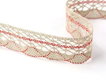Cotton bobbin lace 75077, width 32 mm, light linen gray/light red - 5