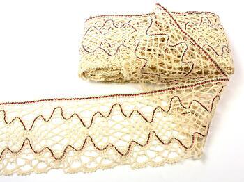 Cotton bobbin lace 75127, width 120 mm, ecru/dark green/light red - 5